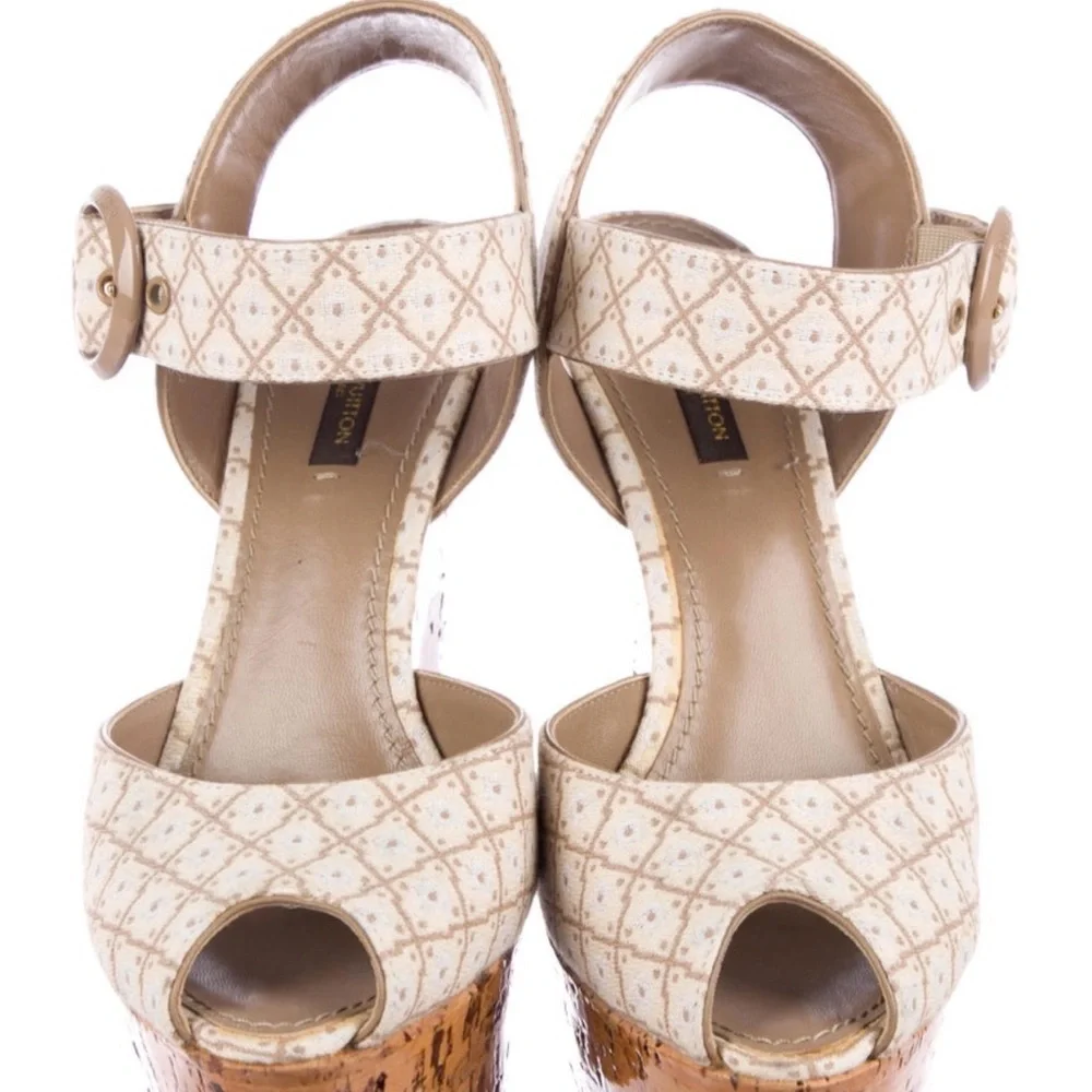 Auth Louis Vuitton Peep Toe Cream Cork Platform Wedge strap vintage 7.5 37.5 - Picture 1 of 6